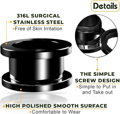 مقاييس كبيرة 2 أزواج من الفولاذ الجراحي الأسود برغي مناسب لمقاسين من أنفاق اللحم ثقب المجوهرات أقراط نقالة سدادات الأذن الفص in Kuwait