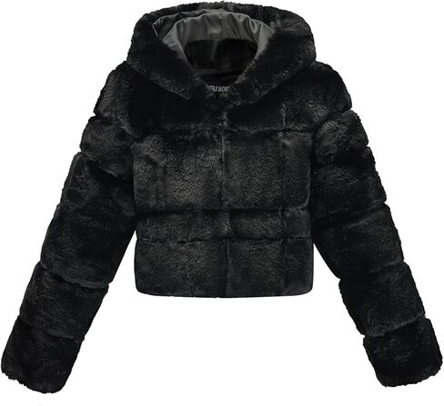 GRAN ORIENTE Women Faux Fur Fleece Coat with Faux Fur Lining and Collar Warm Winter Plush Long Sleeve Zip Cropped Jacket with Pockets Adjustable Waist Hooded Outerwear GK051-Black-S in Kuwait