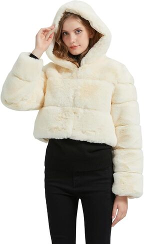 GRAN ORIENTE Women Faux Fur Fleece Coat with Faux Fur Lining and Collar Warm Winter Plush Long Sleeve Zip Cropped Jacket with Pockets Adjustable Waist Hooded Outerwear GK051-Black-S in Kuwait