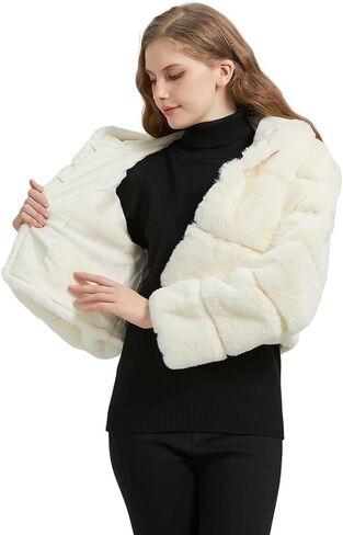 GRAN ORIENTE Women Faux Fur Fleece Coat with Faux Fur Lining and Collar Warm Winter Plush Long Sleeve Zip Cropped Jacket with Pockets Adjustable Waist Hooded Outerwear GK051-Black-S in Kuwait