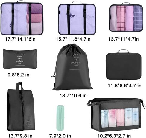 9 PCS Packing Cubes for Travel, Luggage Organizer Bags for Travel Accessories Travel Essentials, travel bags organizer for luggage, Suitcase Organizer Bags Set for Clothes Shoes Cosmetics Black & Grey in Saudi Arabia