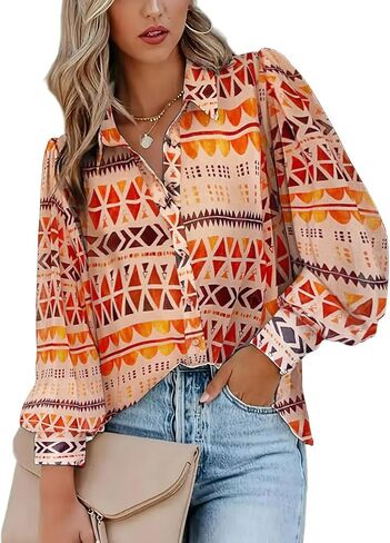 Zeagoo Womens Shirts Button Down Printed Lantern Long Sleeve Blouse Fashion Casual Tops 2024 in Saudi Arabia