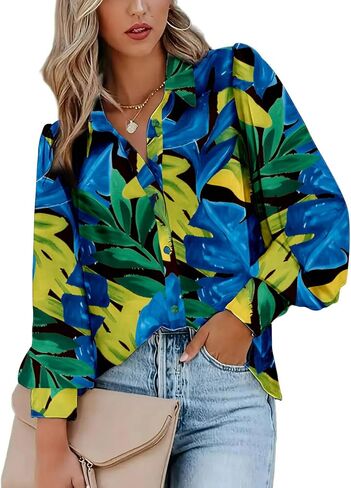 Zeagoo Womens Shirts Button Down Printed Lantern Long Sleeve Blouse Fashion Casual Tops 2024 in Saudi Arabia