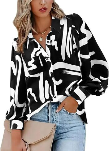 Zeagoo Womens Shirts Button Down Printed Lantern Long Sleeve Blouse Fashion Casual Tops 2024 in Saudi Arabia