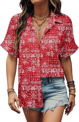 HOTOUCH Linen Shirts for Women Button Down Short Sleeve Tops Cotton Blouses Collared Button-up Beach Vacation Outfits in Saudi Arabia
