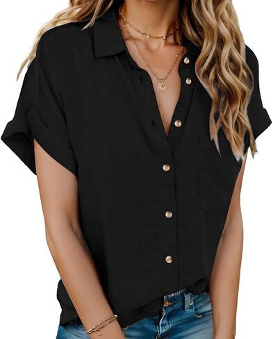 HOTOUCH Linen Shirts for Women Button Down Short Sleeve Tops Cotton Blouses Collared Button-up Beach Vacation Outfits in Saudi Arabia