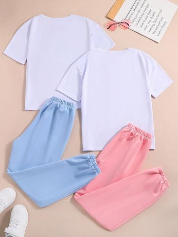 SOLY HUX Girl's Summer Letter Graphic Short Sleeve Tee Shirt and Sweatpants Outfit 2 Piece Set in Saudi Arabia