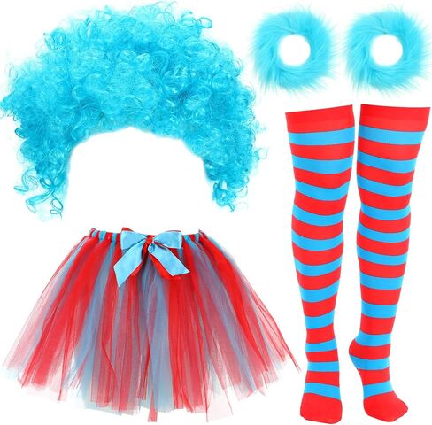 5 Pieces Halloween Costumem Set Striped Knee Socks Tulle Tutu Skirt Blue Wig Wristbands for Halloween Party in Saudi Arabia
