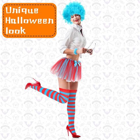 5 Pieces Halloween Costumem Set Striped Knee Socks Tulle Tutu Skirt Blue Wig Wristbands for Halloween Party in Saudi Arabia