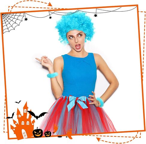 5 Pieces Halloween Costumem Set Striped Knee Socks Tulle Tutu Skirt Blue Wig Wristbands for Halloween Party in Saudi Arabia