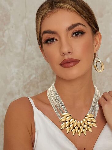Yokawe الأفريقية بيان المختنق القلائد الأقراط مجموعة الطبقات الذهب مريلة طوق القبلية الوطنية قلادة الأزياء والمجوهرات اكسسوارات للنساء والفتيات in Kuwait