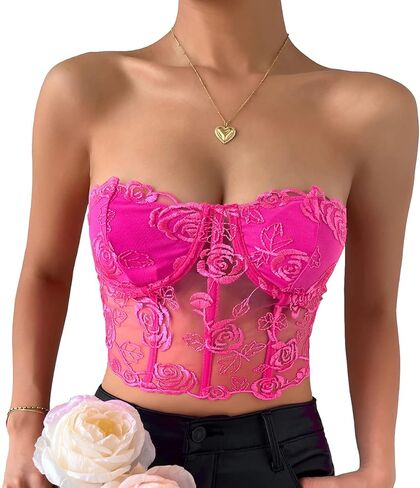 Women's Embroidered Floral Corset Crop Top Strapless Tube Top Boned Mesh Bustier Clubwear in Saudi Arabia