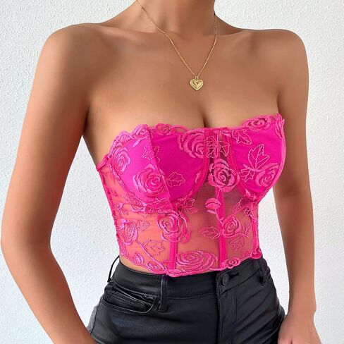 Women's Embroidered Floral Corset Crop Top Strapless Tube Top Boned Mesh Bustier Clubwear in Saudi Arabia