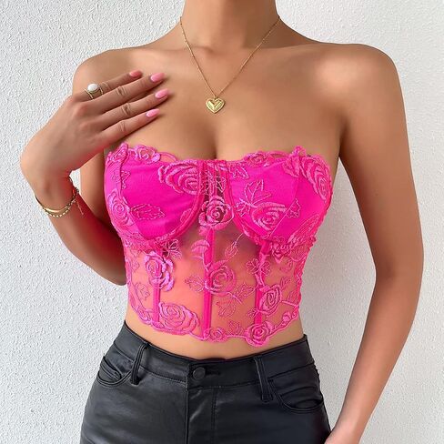 Women's Embroidered Floral Corset Crop Top Strapless Tube Top Boned Mesh Bustier Clubwear in Saudi Arabia