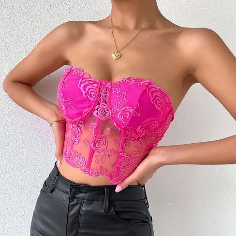 Women's Embroidered Floral Corset Crop Top Strapless Tube Top Boned Mesh Bustier Clubwear in Saudi Arabia