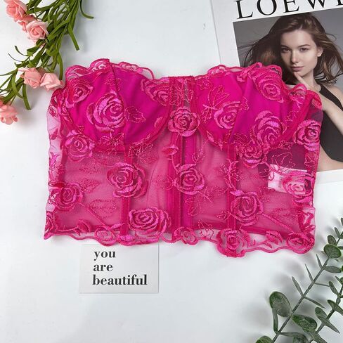 Women's Embroidered Floral Corset Crop Top Strapless Tube Top Boned Mesh Bustier Clubwear in Saudi Arabia