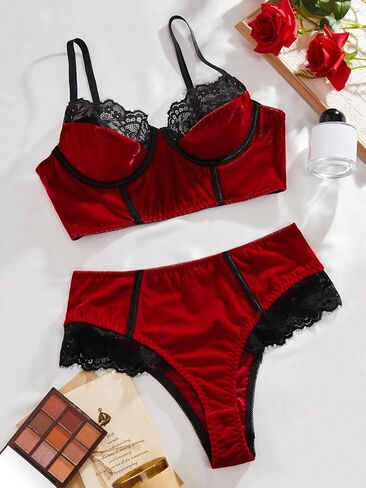 SOLY HUX Women's Lingerie Contrast Lace Underwire Lingerie Set Bra and Panty in Saudi Arabia