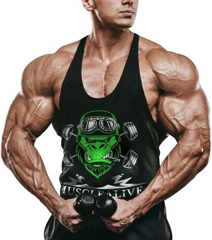 قمصان بدون أكمام للرجال من GYMAPE Stringer Gym لكمال الأجسام من القطن للتمرين مع حاشية مقوسة in Kuwait