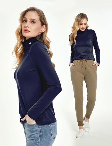 SSLR-Thermal-Shirts for-Women-Turtleneck Long Sleeve Tops Fleece Lined Winter Slim Fitted Mock Neck Base Layer in Kuwait
