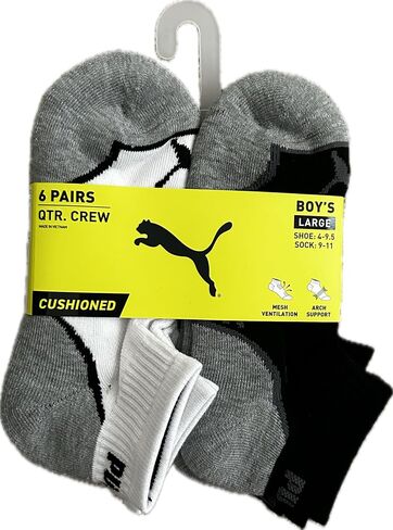PUMA 6 PAIRS QUARTER CREW BOY'S LARGE SOCKS SHOE SIZE 4-9.5 in Saudi Arabia