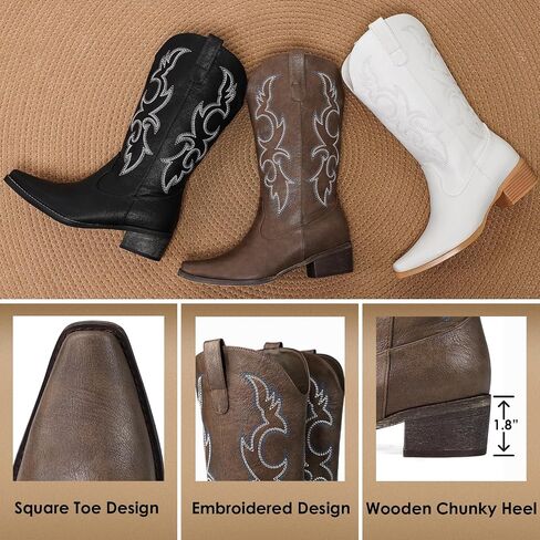 Choiran Cowboy Boots for Women - Mid Calf Cowgirl Boots Western Chunky Heel Pointed Toe Boot with Retro Embroidery, Country Concert Outfit Essentials for Rodeo Festival in Kuwait