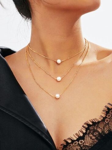 Women'S Pearl Necklace, 18k Gold Plated Layered Necklace, Delicate Triple Single Pearl Pendant Necklace, Women'S Jewellery Gifts, 18k Gold Plated, 珍珠 in Kuwait