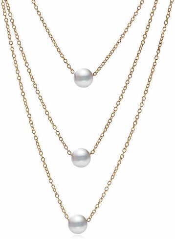 Women'S Pearl Necklace, 18k Gold Plated Layered Necklace, Delicate Triple Single Pearl Pendant Necklace, Women'S Jewellery Gifts, 18k Gold Plated, 珍珠 in Kuwait