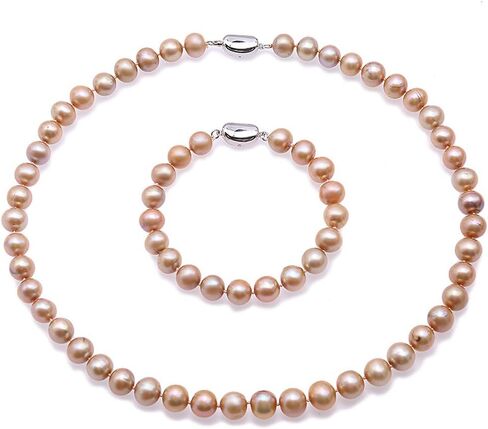 JYX Sterling Silver Set Beautiful 9-10mm Champagne Round Pearl Necklace Bracelet 925 Silver Earrings Set 18' in Kuwait