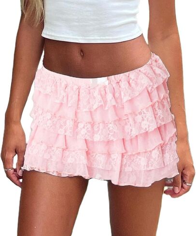 Faretumiya Women Floral Lace Mini Skirt Y2k Sheer Ruffle Hem Bodycon Short Skirt Fairycore Layered Pleated Skirt Aesthetic in Kuwait