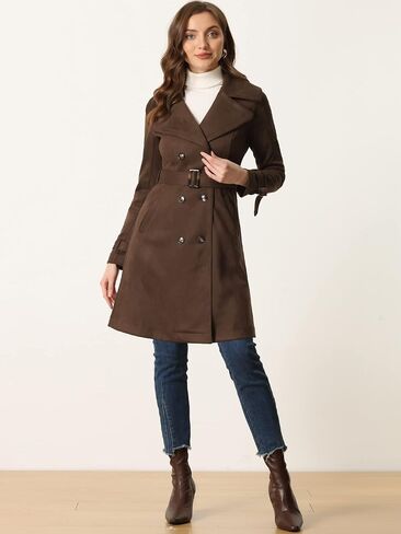 Allegra K Women's Faux Suede Trench Coat Jacket Classic 2023 Fall Winter Double Breasted Overcoat in Saudi Arabia