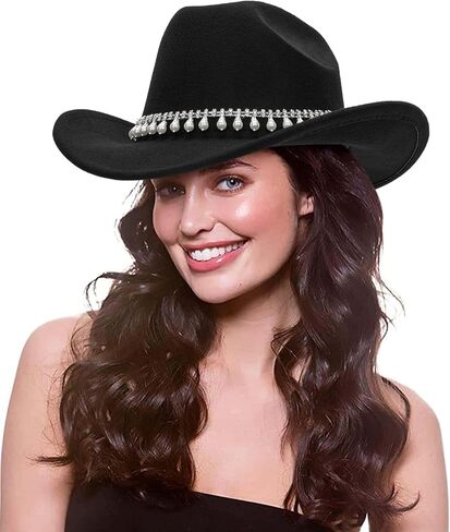 Western-Cowboy-Hat Cowgirl-Hat for Men Women - Classic Felt Fedoras with Rhinestones Decor Band for Party Stage Daily Wear in Saudi Arabia