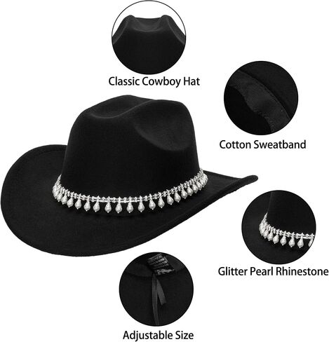 Western-Cowboy-Hat Cowgirl-Hat for Men Women - Classic Felt Fedoras with Rhinestones Decor Band for Party Stage Daily Wear in Saudi Arabia