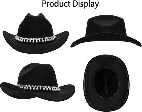 Western-Cowboy-Hat Cowgirl-Hat for Men Women - Classic Felt Fedoras with Rhinestones Decor Band for Party Stage Daily Wear in Saudi Arabia