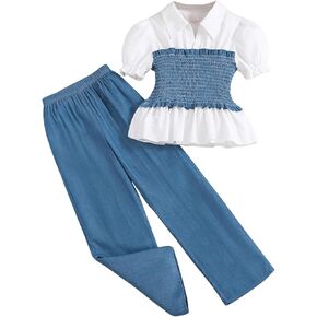 Floerns Girl's 2 Piece Outfits Collared V Neck Puff Sleeve Peplum Top Long Pants Set in Saudi Arabia