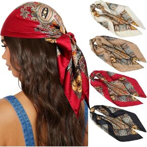 AWAYTR 27.5" Silk Satin Square Head Scarf - 4PCS Satin Head Scarves for Women Hair Kerchief Bandanas Sleeping Head Wraps