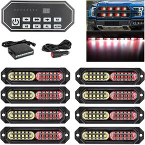 Led Grille Strobe Lights White Red with 9 Key Switch, 20 Flashing Mode Surface Mount 12-LED Mini Emergency Warning Grill Light Bar for Construction Tow Trucks Van Utility Vehicles, 8pcs Pack