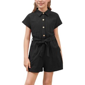 GORLYA Girls Peter Pan Collar Linen Casual Jumpsuit Outfits Button Belted Wide Leg Shorts Rompers 4-14T
