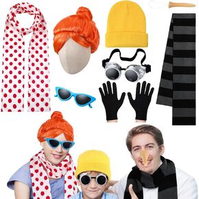 8 Pcs Halloween Costumes Set Include Black Gray Striped Scarf Fake Nose Red Polka Dot Scarf Wigs Yellow Knitted Hat Glasses Gloves Halloween Cosplay Accessories for Men Women