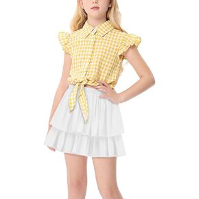 Girl's Skirt Set Summer 2 Piece Outfit Tie Knot Crop Plaid Button Shirt Top and Layered Ruffle Skirt Set 3-12Y