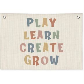 Playroom Wall Decor, Play Learn Create Grow Banner, Boho Canvas Banner Wall Hanging Banner Flag Decor for Nursery Classroom Playroom Kids Room, Playroom Essentials