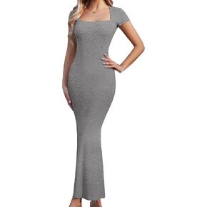 Women's Elegant Square Neck Long Dress Ribbed Bodycon Maxi Formal Dresses for Wedding Guest Evening Party