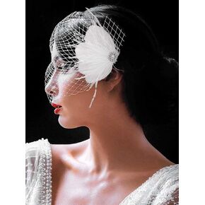 Unsutuo Wedding Birdcage veil with Headpiece White Bandeau Blusher Veil Feather Bridal Fascinator Net Veil for Women and Girls