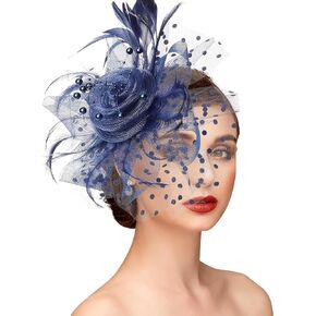 Fascinators Hats for Women，Cocktail and Party Fascinator Hair Clip with Feathers, Flowers and Mesh,Kentucky Derby Hats for Women Headband Dark Blue