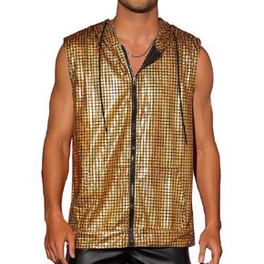 Lars Amadeus Metallic Hipster Hooded Vest for Men's Zip Up Shiny Disco Sequins Sleeveless Hoodies Vests