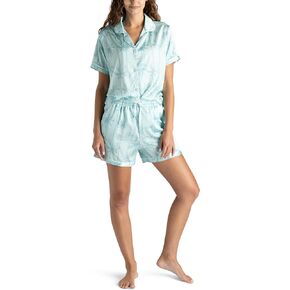 Hello Mello Beauty Sleep Satin Button-Down Pajama Lounge Shirt & Lounge Pajama Shorts For Women - Leaf Me Alone, Small/Medium