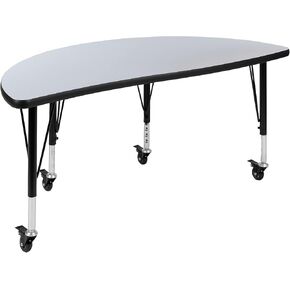 Flash Furniture Mobile 47.5" Half Circle Wave Collaborative Oak Thermal Laminate Activity Table - Height Adjustable Short Legs