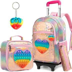 Meetbelify Girls Rolling Backpack الترتر حقائب الظهر المتدحرجة مع عجلات للفتيات لمرحلة ما قبل المدرسة الابتدائية لطيف الباندا الأسطوانة الأمتعة مع صندوق الغداء للفتيات 6-12