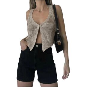 GORGLITTER Women's Knit Vest Top V Neck Crochet Sleeveless Open Front Vintage Sweater Tank Top