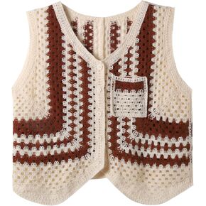 Crochet Sweater Vest Women Button Front V Neck Sleeveless Vest Cropped Knit Tank Top Trendy