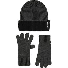 Calvin Klein Men's Double Wide Fisherman Rib Cuff Hat and Glove Set, Gunmetal Heather, One Size